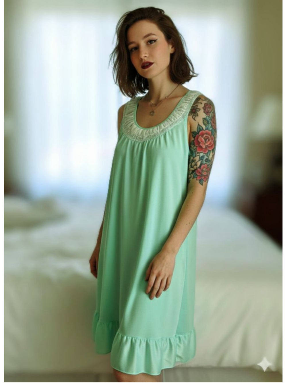 Vintage Greta Gehr Mint Green Nylon Nightgown | Made in USA